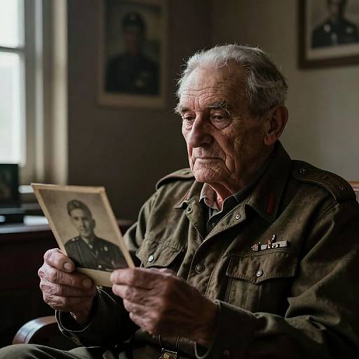 Photograph of an elderly white man with gray hair, wearing a dark green military-style jacket, holding a vintage black-and-white photo of himself. Dim