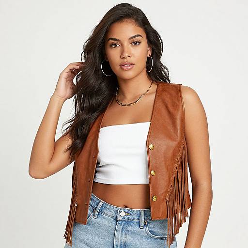 Photograph of a young woman with long black hair, brown leather vest with fringes, white tube top, and blue jeans, wearing large hoop earrings