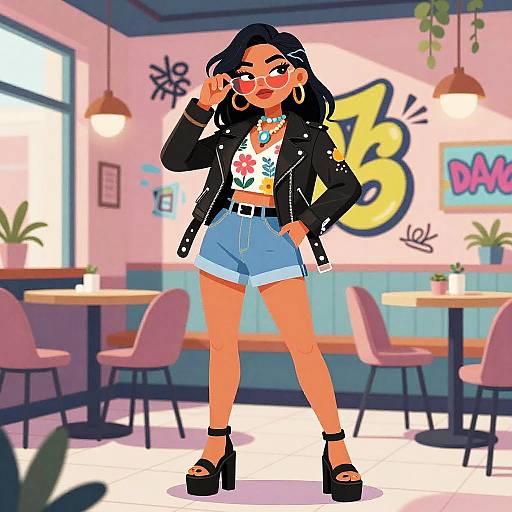 Digital cartoon of a confident woman with dark hair, red glasses, and hoop earrings, wearing a black jacket, white floral top, blue shorts, and