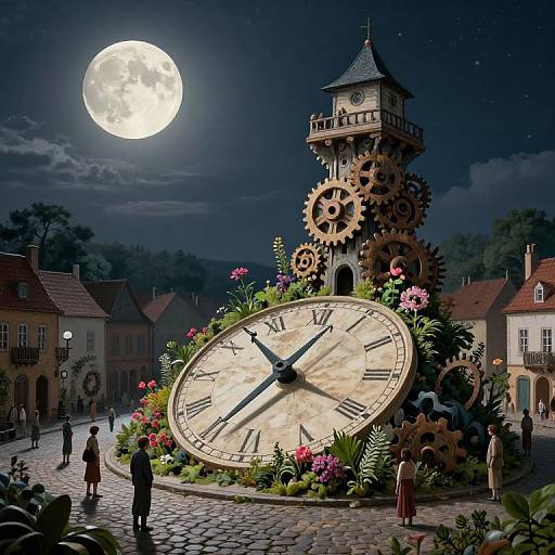 Fantastical night scene: large clock tower with gears, moonlit sky, full moon, cobblestone street, villagers, flower-adorned