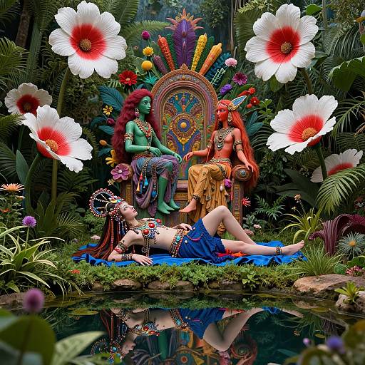 Photograph of a vibrant, fantastical jungle scene with two colorful, adorned figures sitting on a throne, surrounded by giant white and red flowers, lush