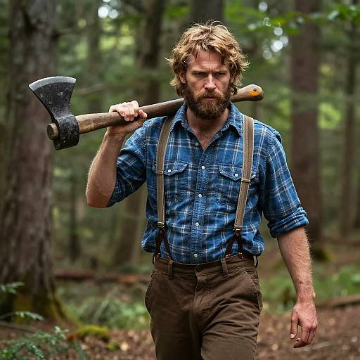 Photograph of a rugged, bearded man with tousled brown hair, wearing a blue plaid shirt and brown pants, carrying an axe on his