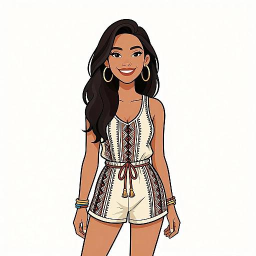 Digital illustration of a smiling woman with long black hair, wearing a white, patterned romper, large hoop earrings, and bracelets, standing against a