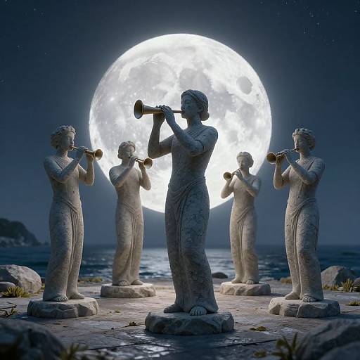 Stone Musicians Under Full Moon