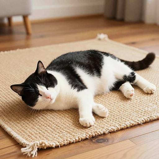 Cozy Tuxedo Cat on Woven Rug