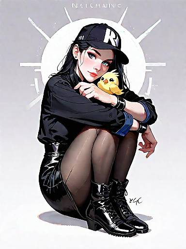 Chic Woman in Black Dress with Cap and Plush Toy