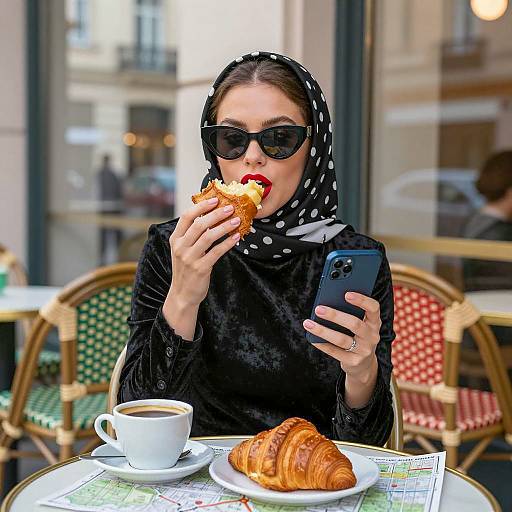 Woman Eating Croissant at Café with Smartphone