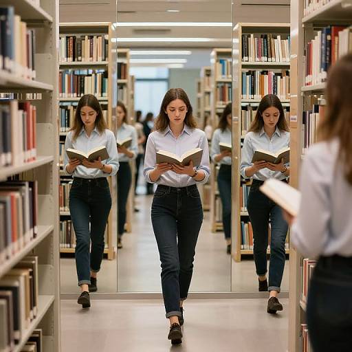 Photograph of a young woman with light brown hair, wearing a white blouse and black pants, walking down a library aisle, reflected in mirrors, reading