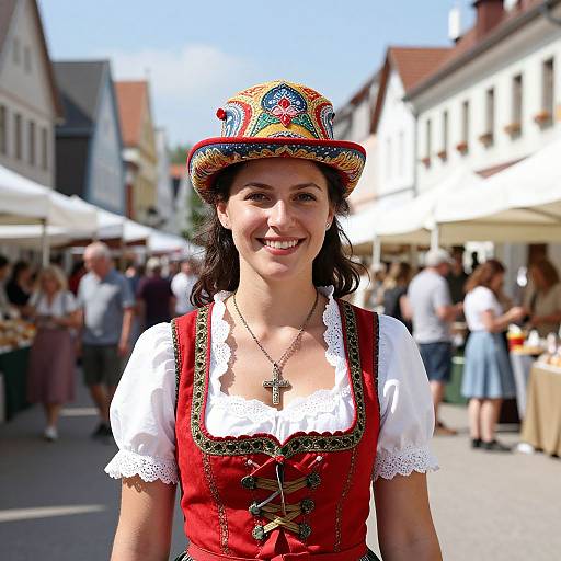 Photograph of a smiling woman in a colorful traditional Bavarian hat and red dirndl with white lace blouse, standing in a sunny, bustling outdoor market