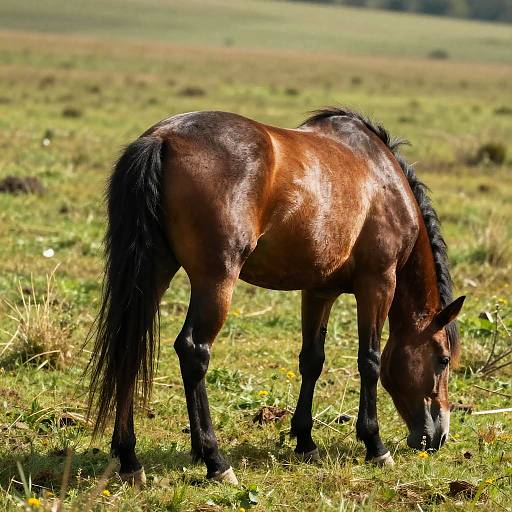 Photograph of a glossy brown horse with a black mane and tail, grazing in a sunlit, green, grassy field with a blurred, expansive