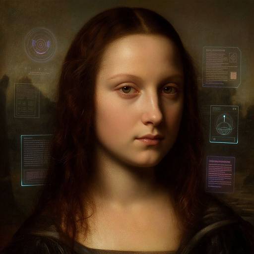 Digital artwork blending Renaissance-style portrait of a young woman with modern, glowing interface elements. Soft lighting, realistic skin texture, brown hair, neutral expression,