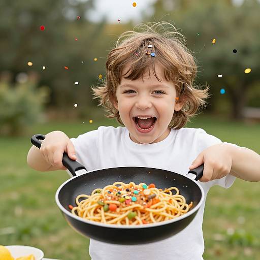 Photograph of a joyful, brown-haired toddler in a white shirt, laughing while holding a black frying pan with colorful spaghetti. Background: green grass,