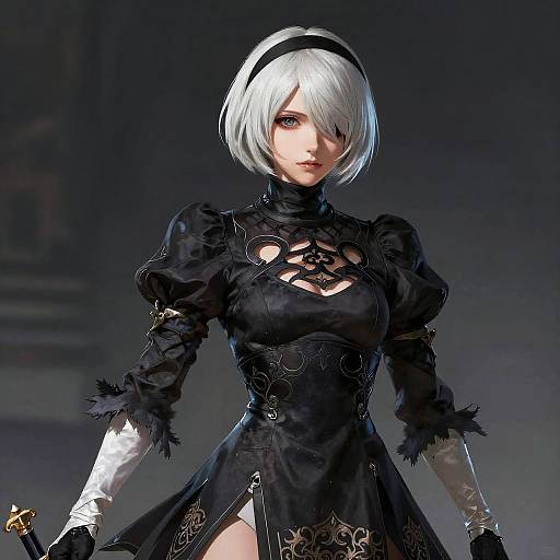CGI image of 2B from NieR: Automata, with short white hair, black dress, puffed sleeves, white gloves, and