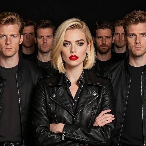 Confident Blonde Woman with Group of Men