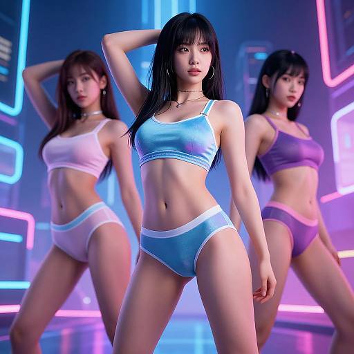 Photorealistic CGI of three Asian women in neon-lit background, wearing matching blue and purple sports bras and panties, posing confidently.