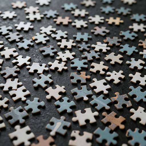 Close-up photograph of scattered jigsaw puzzle pieces in white, blue, and brown on a black textured surface.
