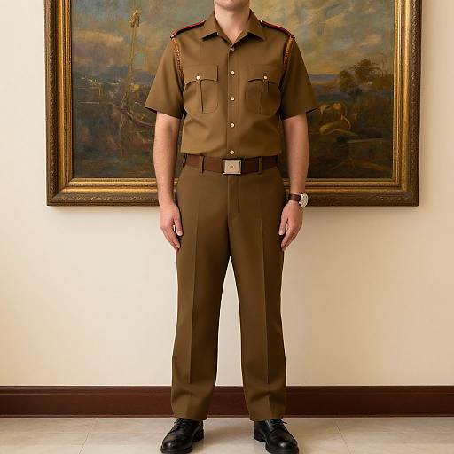 Photograph of a man in brown military-style uniform, standing before a large, framed landscape painting on a beige wall.
