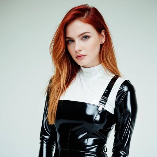Young Woman in Glossy Black Latex Dress
