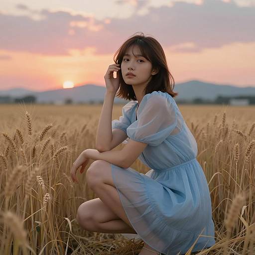 Serene Woman in Wheat at Sunset