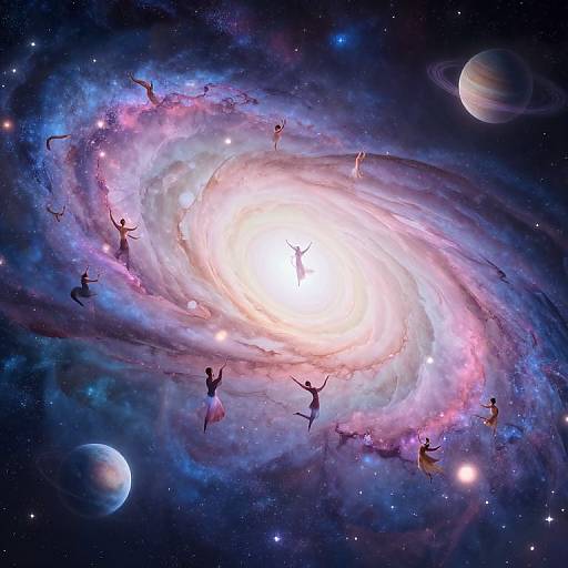 Digital artwork of a swirling galaxy with silhouetted dancers in mid-leap around a bright, glowing core, surrounded by planets and stars.