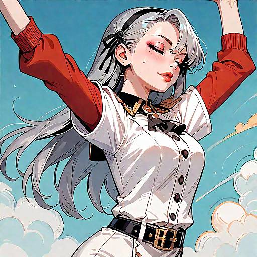 Digital anime-style drawing of a white-haired woman with red sleeves, white shirt, black belt, and black ribbon, arms raised, sky background.