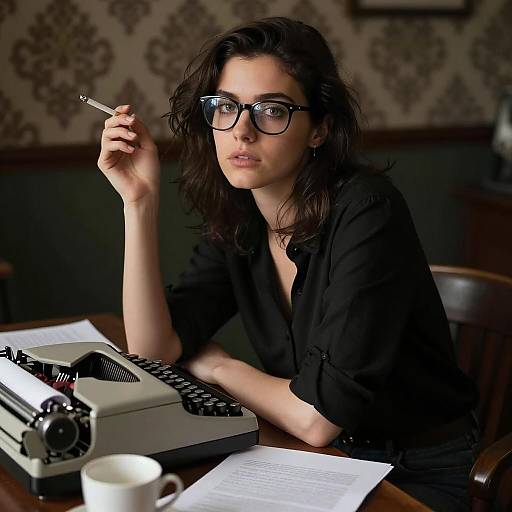 Contemplative Woman at Desk with Typewriter