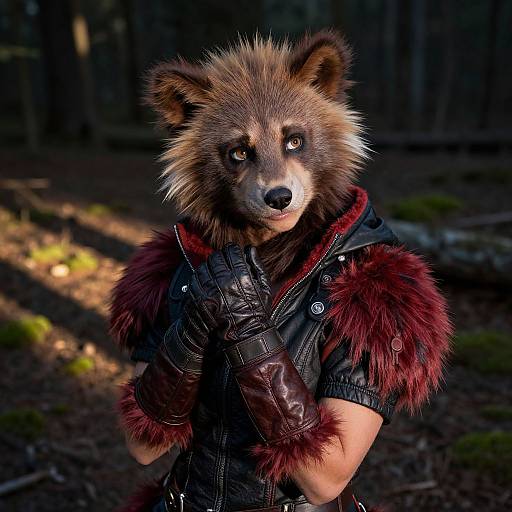 Photograph of a raccoon-headed character wearing a black leather vest with red fur trim, standing in a sunlit forest. The character's hands are