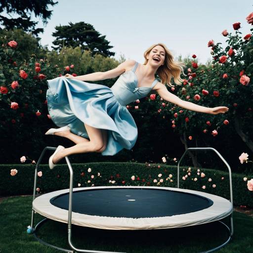 Woman Jumping on Trampoline in Rose Garden