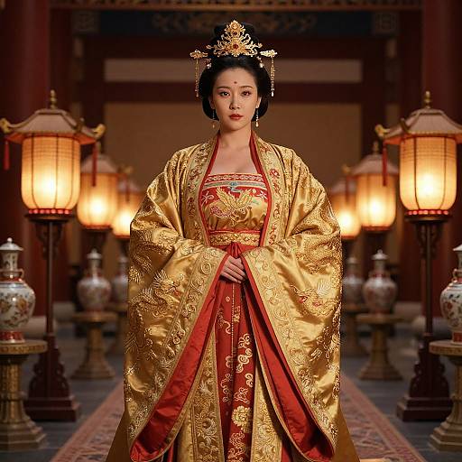 Photograph of an Asian woman in traditional gold and red Chinese imperial attire with intricate embroidery, ornate headdress, standing in a dimly lit,