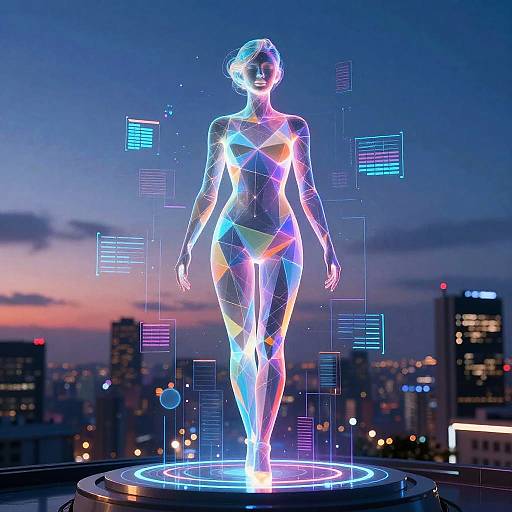 Digital hologram of a glowing, neon-lit woman in bikini standing on rooftop at night, surrounded by cityscape and futuristic data lines.