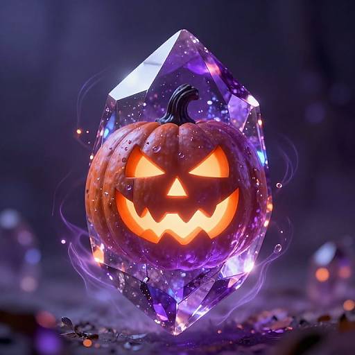 Photograph of a glowing jack-o'-lantern with sharp teeth and triangular eyes, encased in a crystal-like geometric structure, surrounded by purple and