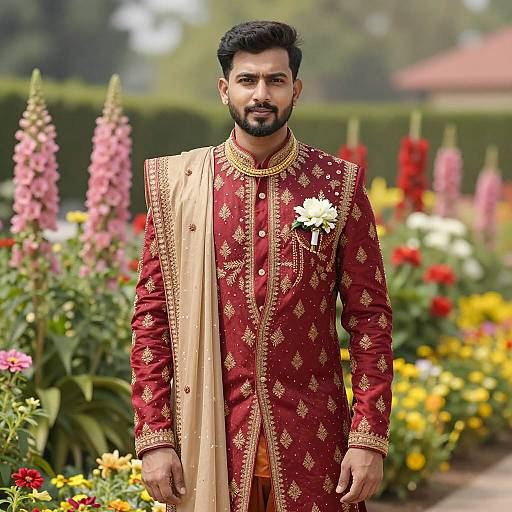 Elegant Groom in Vibrant Flower Garden