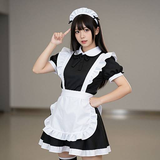 Photograph of an East Asian woman with long black hair, wearing a black and white French maid outfit, posing confidently indoors.