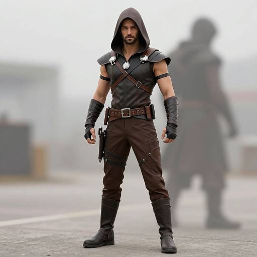 Photograph of a muscular, bearded man in dark hooded leather armor, brown pants, and black boots, standing confidently on a foggy street