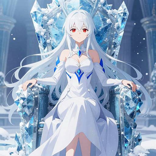 Digital anime illustration of a white-haired, red-eyed woman with large breasts, wearing a white, ice-encrusted dress, sitting on a crystal