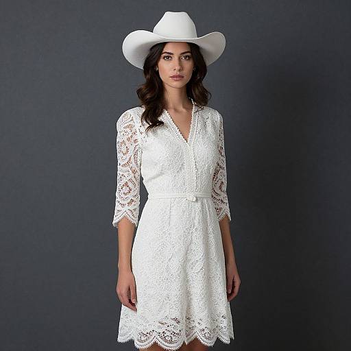 Photograph of a young woman with wavy black hair, wearing a white lace dress and white cowboy hat, standing against a dark gray background.