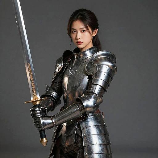 Photorealistic digital artwork of an Asian woman with long black hair in shiny black medieval armor, holding a silver sword with an ornate hilt,