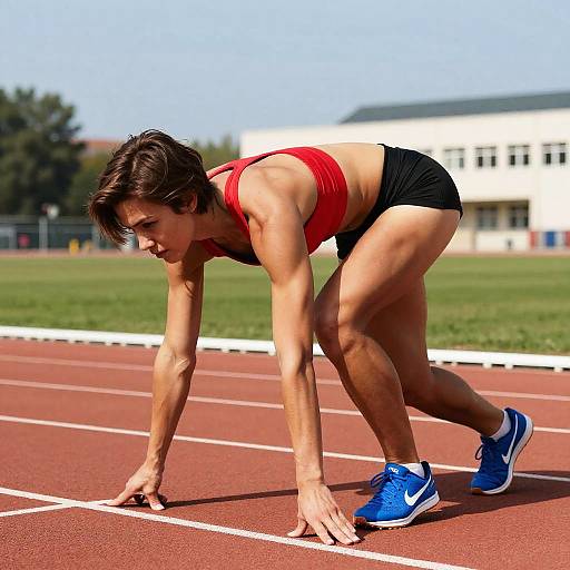 Photograph of a muscular woman with short brown hair, wearing a red sports bra, black shorts, and blue Nike sneakers, doing a track and field