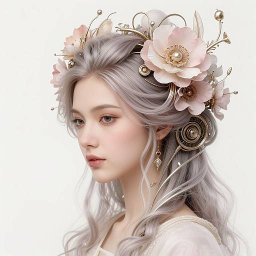 Digital fantasy portrait of a fair-skinned woman with silver hair, adorned with pink flowers and intricate jewelry, looking pensively to the side. White background