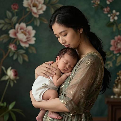 Asian Mother Cradling Newborn in Floral