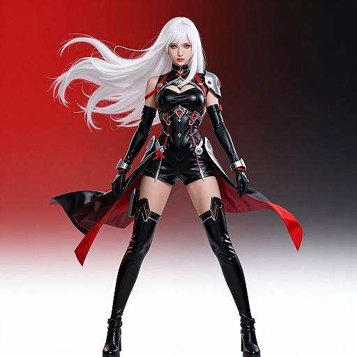Digital anime-style artwork of a white-haired, red-eyed woman in black leather outfit, thigh-high boots, and red cape, set against a gradient red