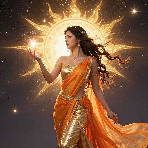 Photograph-like digital art of a beautiful woman in a golden-orange sari, holding a glowing sun halo against a starry night sky, with flowing