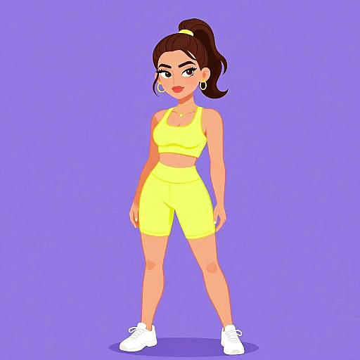 Digital cartoon of a confident woman with olive skin, dark brown hair in a high ponytail, wearing a yellow sports bra and shorts, white sneakers,