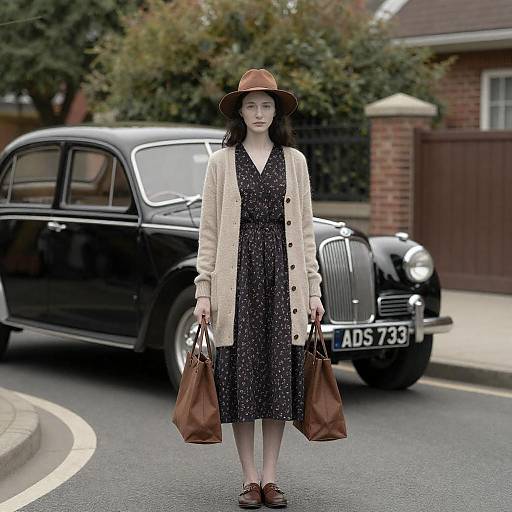 Woman in Brown Hat with Vintage Car