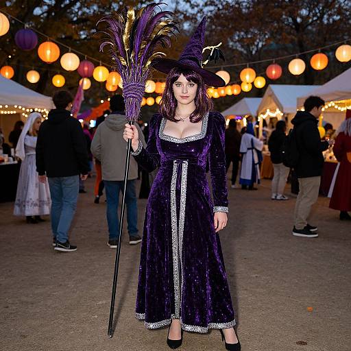 Photograph of a fair-skinned woman with dark hair in a purple velvet dress and feathered hat, standing at a nighttime carnival with glowing lanterns