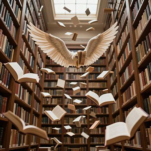 Photograph of a library with soaring white angelic figure, wings outstretched, surrounded by flying open books, amidst towering bookshelves.