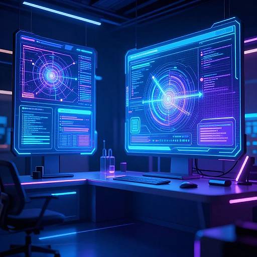 Neon-lit futuristic control room with two large, glowing blue holographic screens displaying intricate radar and data interfaces, illuminated by vibrant blue and purple lights