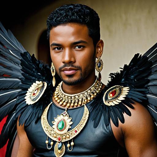 Dark-Skinned Male in Ornate Feathered Costume