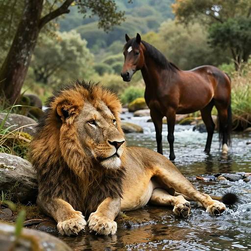 Peaceful Lion-Horse Hybrid by River