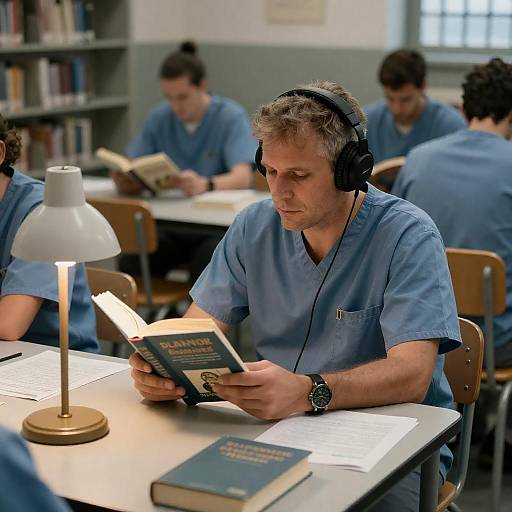 Focused Reader in Prison Library Setting